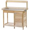 Potting Bench Table Natural Wood with Storage Cabinet Open Shelf Steel Tabletop Garden Station