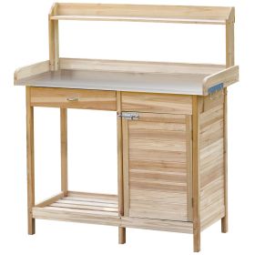Potting Bench Table Natural Wood with Storage Cabinet Open Shelf Steel Tabletop Garden Station