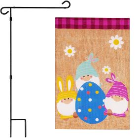 Combo Pack Garden Flag Stand Black 36x16 in & Garden Flag Easter Decoration Three Gnomes with Large Easter Egg 12x18 inch Double-Sided Burlap Fabric