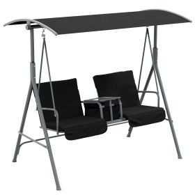 2-Seater Outdoor Porch Swing with Canopy and Table, Patio Swing Chair for Garden, Poolside, Backyard, Black