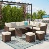 7 Piece Wicker Patio Dining Set, 9-Seat Outdoor Sectional Ivory Cushions Sofa with Ottomans & Dining Table Porch Backyard Garden