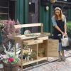 Potting Bench Table Natural Wood with Storage Cabinet Open Shelf Steel Tabletop Garden Station