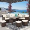7 Piece Wicker Patio Dining Set, 9-Seat Outdoor Sectional Ivory Cushions Sofa with Ottomans & Dining Table Porch Backyard Garden