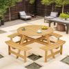 Outdoor 6 Person Picnic Table, 6 person Round Picnic Table with 3 Built-in Benches, Umbrella Hole, Outside Table and Bench Set for Garden, Backyard
